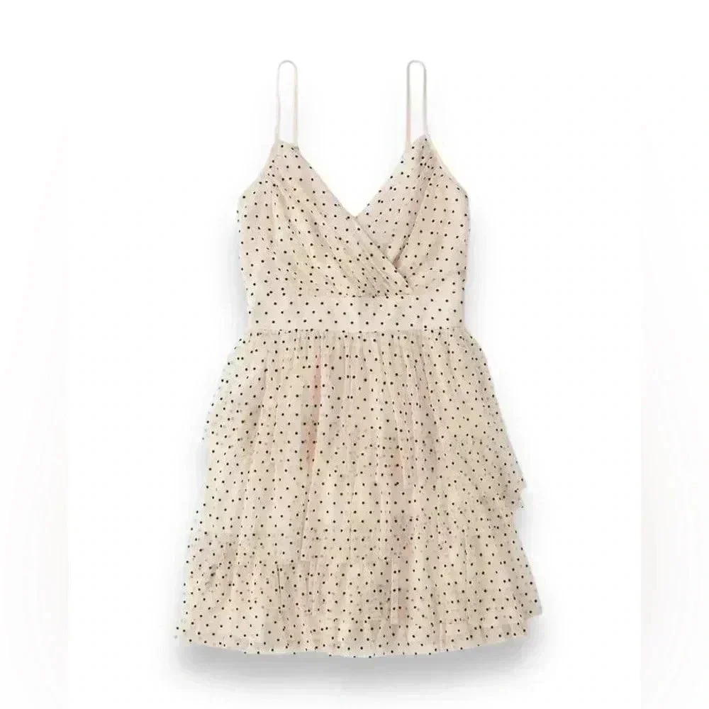 Abercrombie and Fitch Cream Polka Dot Tulle Tiered Mini Dress Size Small EUC